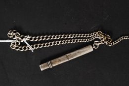 A hallmarked silver 1917 engraved pencil on a hallmarked silver chain.