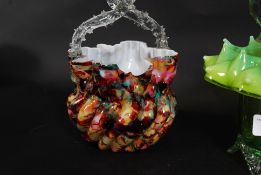 Victorian end of day Spatter / Tutti Frutti Glass basket / vase having a  thorn twisted handle