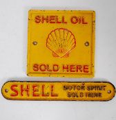 2 vintage retro style cast iron Shell Oil signs having shabby paintwork