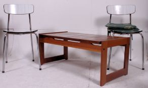 A 1970's retro teak and tile top coffee table raised on squared supports together with 2 formica