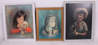 Three retro framed prints to include ' Country Boy ' Girl holding a Puppy along with another.