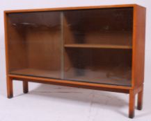 A mid 20th century Air Ministry style sliding glass window golden oak bookcase cabinet.