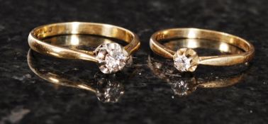 2x 18ct gold single stone diamond rings,