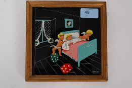 A 1950's decorative tile in frame - in t