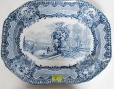 A 19th century Copeland Late Spode blue and white meat platter with decorative scene entitled '