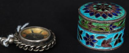 A silver compass Albert chain pendant fob together with a clossione silver pill box stamped 925.