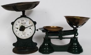 A set of vintage style Librasco balance scales with weights along a vintage set of pan scales by