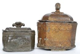 Two leaded tea caddies one raised in relief with The Prince of Wales feathers along with the other