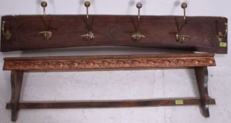 A good Victorian and later coat rack having excellent brass Art Nouveau hooks together with a