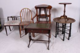 A mahogany and leather side table together with a mahogany carved table, piano stool,