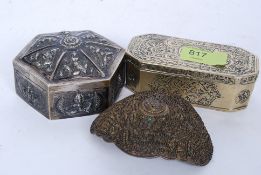 An Indian white metal box along with an Islamic brass tobacco box and a Turkish gilt metal buckle