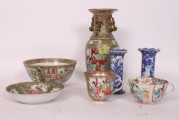 A collection of Chinese and Cantonese ceramics comprising famille rose vase, Cantonese bowls.