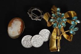 A selection of sterling silver and silver gilt brooches to include flower spray cameo and coins.