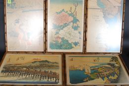 Five vintage Chinese oriental framed prints,