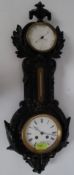 A 19th century Victorian cast iron barometer & wall clock with foliate design  enclosing an 8-day