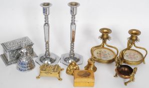 A dealers lot to include a Maucheline ware trinket pot of Sterling Castle, candlesticks,