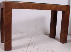 A 20th century contemporary burr walnut Art Deco style console table of square leg and rectangular