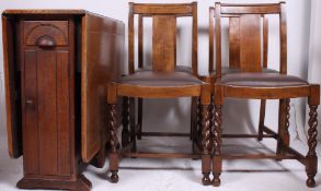 A set of 4 1930's oak chairs having drop in seats with barley twist legs together with a drop leaf