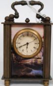 A vintage brass cased carriage clock, decorated with porcelain panels featuring classical scenes.