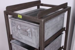 A Vintage upcycled restored vintage 20th century Industrial metal tote trolley having castors to