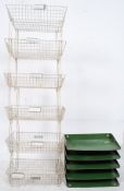 A set of original 1960's Beanstalk resin covered wirework green Industrial filing paperwork stands,