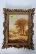An antique style printed ceramic framed picture depicting a rural countryside scene,