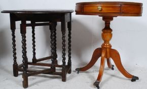 A 1920's small oak barleytwist drop leaf occasional table together with a regency style mahogany