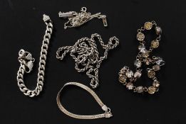 A collection of silver to include chain link bracelet, curb link bracelet, stone set necklace,