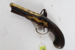 A Georgian flintlock brass cannon barrelled pistol.