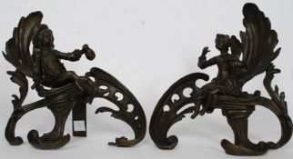 A pair of Victorian 19th Century style bronze art nouveau style ' Chenets ' figurines