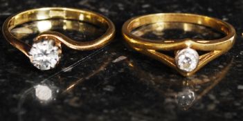 Two 18ct yellow gold single stone ladies diamond rings
