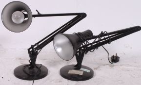2 20th century Industrial Herbert Terry anglepoise lamps in black having pendant shades with