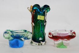 Three pieces of retro studio glass to include a tall vase and two dishes