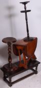 A collection of furniture to include an oak jacobean style stool, barley twist plant stand, ashtray,