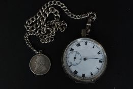 A silver 925 marked pocket watch with enamel dial having roman numerals and a silver 925 albert