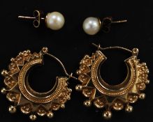 A pair of ladies 9ct gold sleeper earrings of Art Nouveau form together with a pair of pearl and