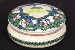 A French Longwy style dressing table trinket dish and lid having impressed marks to the base