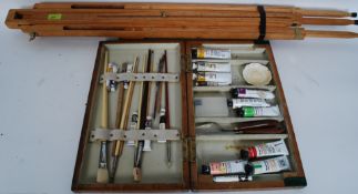 An artists easel along with a vintage artists box with oils, brushes etc please see images.