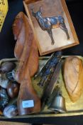 A collection of African items to include brass tray, carved stone / agate animals,