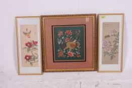 Two vintage Chinese silk framed pictures along with a detailed framed embroidery.