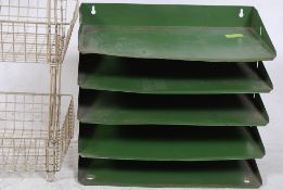 A set of original 1960's Beanstalk resin covered wirework green Industrial filing paperwork stands,