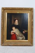 A large 19th century style oil on canvas painting  of a mother with child set within an oversized