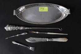 A collection of silver hall marked items to include a button hook Birmingham 1905 by Chrisford and