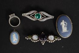 A collection of ladies silver dress brooches to include Wedgewood Cameo brooch and pendant,