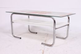 A retro white formica and glass top 1970's coffee table of rectangular form with tubular chrome