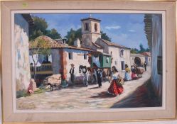 A vintage 20th century  continental oil on canvas painting of a village scene fixed within the