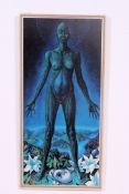 A fantastic retro print by an unknown artist, depicting an 'alien' style blue lady.