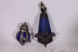 Two 20th century islamic style blue glass armorial hanging lamps / lights.