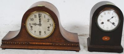 An Edwardian oak mantel clock having white ceramic dial together with a good oak dome top mantel