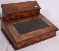 A Victorian walnut marquetry inlaid writing slope stationary box having hinged top with gilt tooled